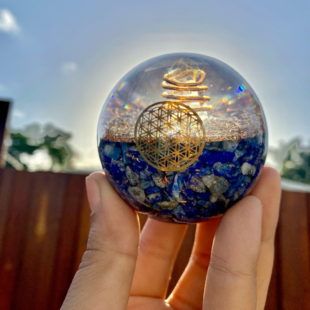 Orgonite Crystal Lapis Lazuli Sphere Decor Alter Chakra Gold Handmade Gemstone